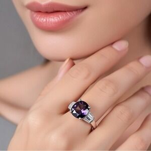 Swarovski Elements Crystal Amethyst Oval Solitaire Ring w/ Baguette Accents, 6.5